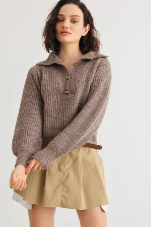 Wool Knit Button-Up Neck Crop Sweater Pullover